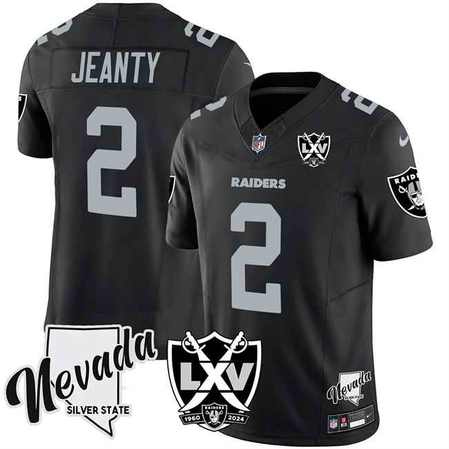 Men's Las Vegas Raiders #2 Ashton Jeanty Black 2025 Draft F.U.S.E. With Nevada Silver Stat Patch And 65th Anniversary Patch Stitched Football Jersey